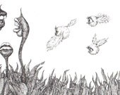 Original black and white ink drawing: Spied Conversation
