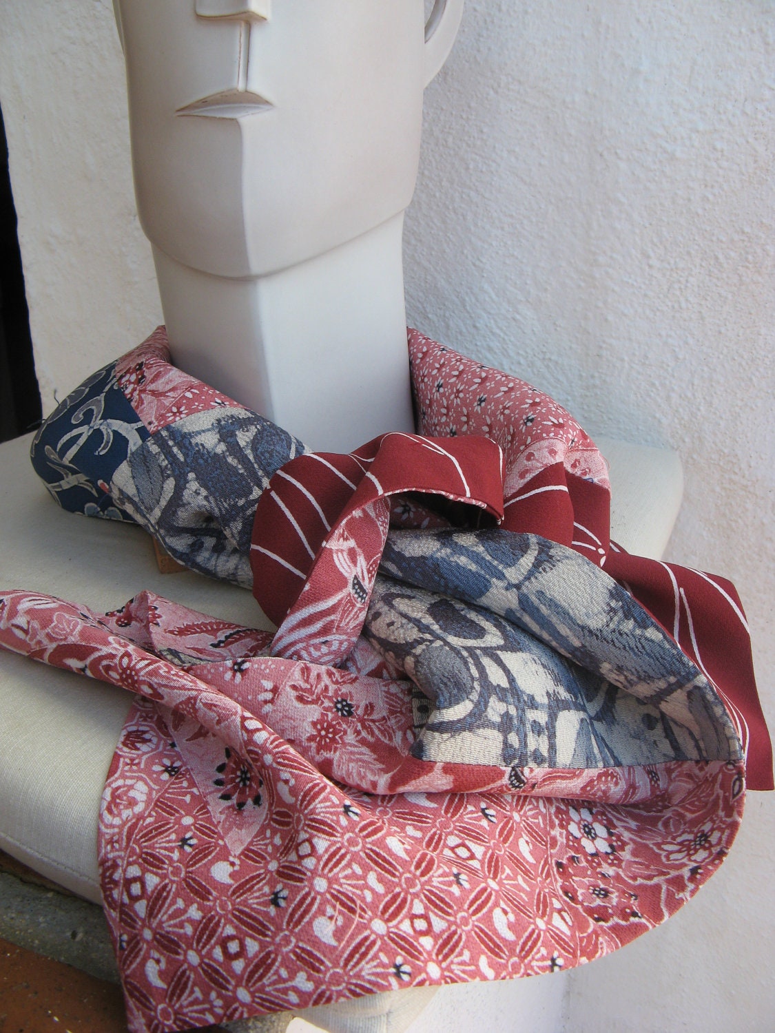 Vintage Kimono Silk  Scarf, Blue and Pink  PERFECT ACCESSORY