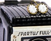 White Cabochon Drop Earrings, Flower Brass Leverback, Ooak, Boho Chic