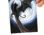 Winged Black Cat Art, ACEO Print, Full Moon Picture, Bat Wings, Fantasy Artwork, Animal Illustration