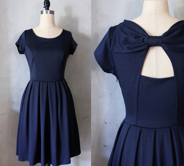 HOLLY GOLIGHTLY NAVY - Navy blue dress with pockets // pleated skirt // back cut out // bridesmaid dress // vintage inspired // day // party