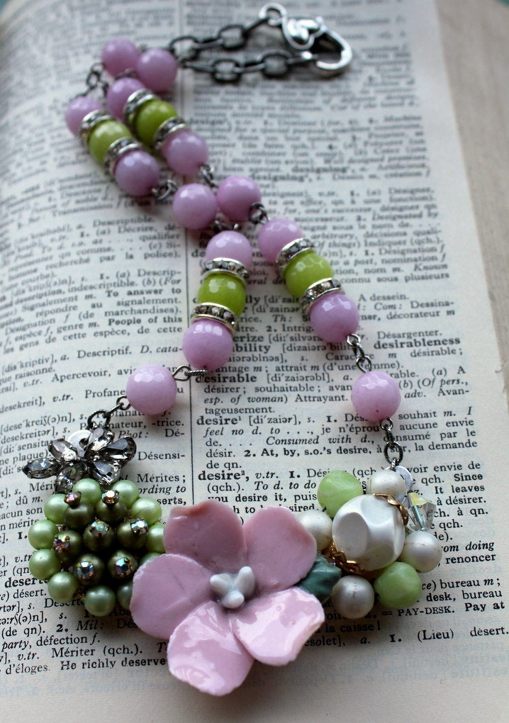 Pink & Green Recycled Flower Assemblage Necklace