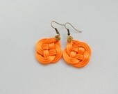 Knotted Orange Earrings, Satin Cords, Double Coin Knot