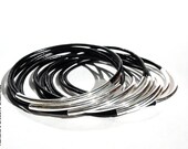 Set of 12 Black Leather Bangle Bracelets with Curved 5 cm Silver-plated Tubes Beads