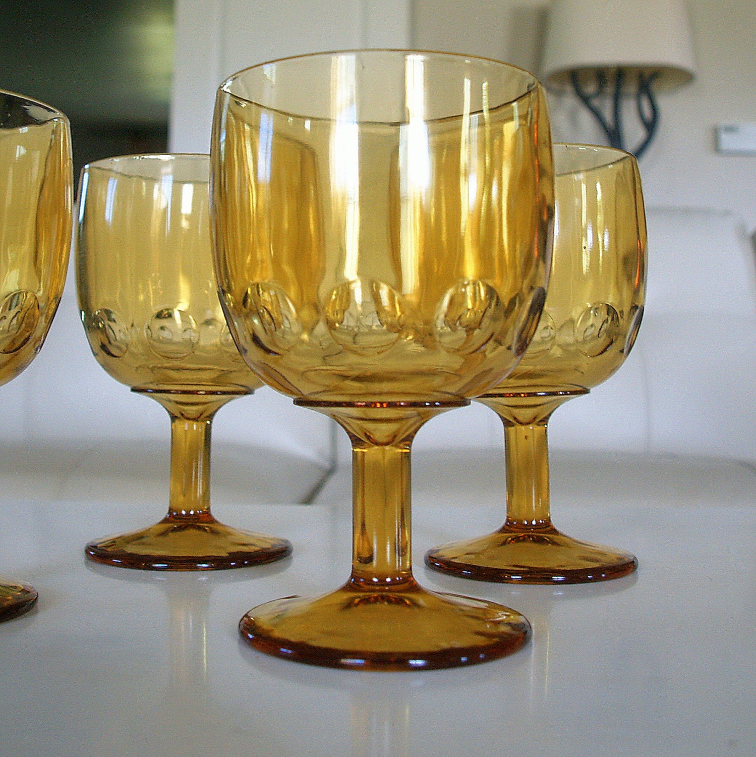 60s MID CENTURY BARWARE Vintage Amber Drinking Glasses Hazel Atlas El Dorado Pattern Coin, Polka Dot,  Raindrop Thumbprint, Geometric