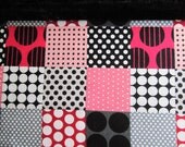 Baby Girl Hot Pink & Black Minky Blanket - 35" x 29" "Patchwork" Flannel in Fuschia, Black, Pink, White, Coral Polka Dots with Black Minky