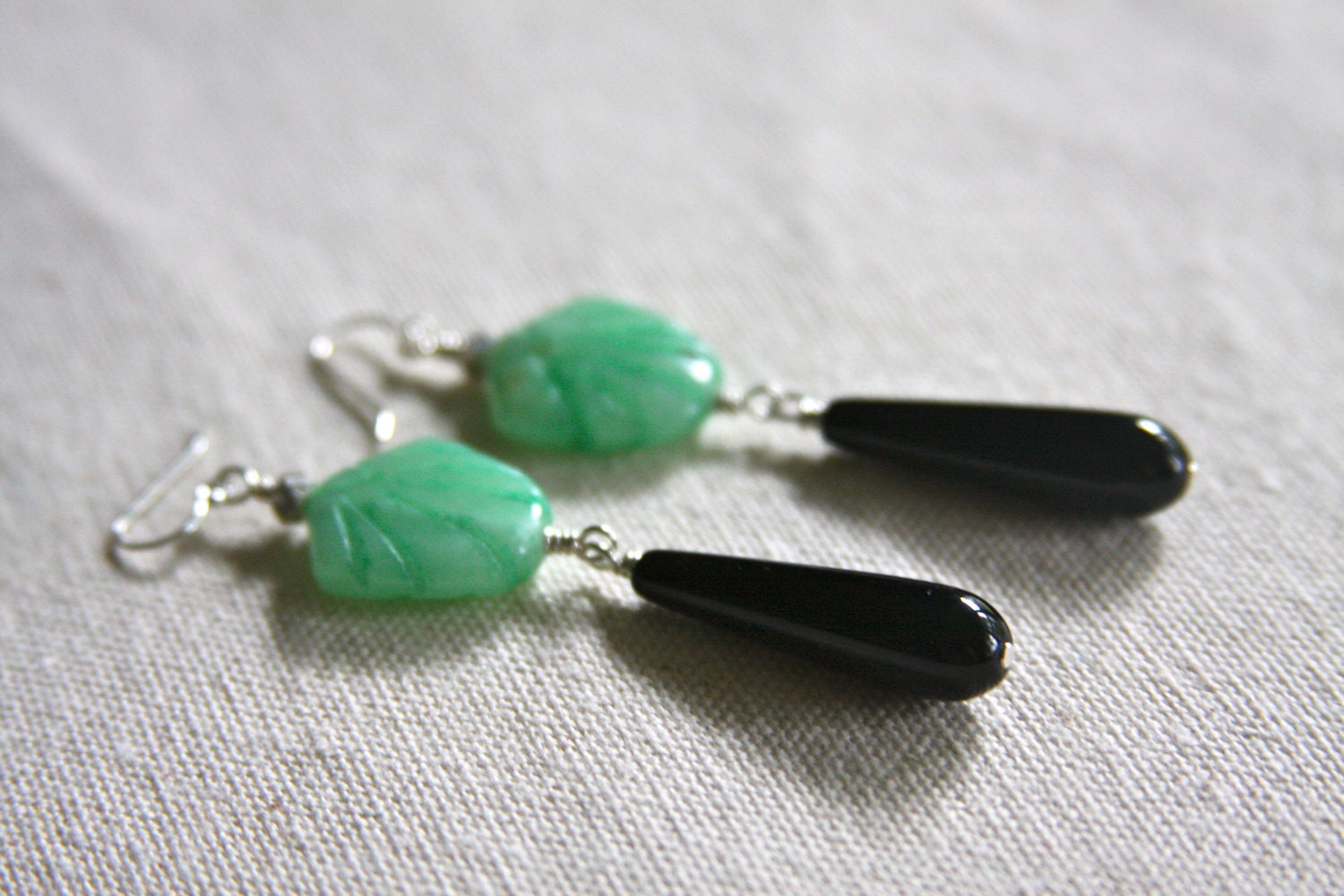 Green agate earrings with onyx dangles and sterling silver