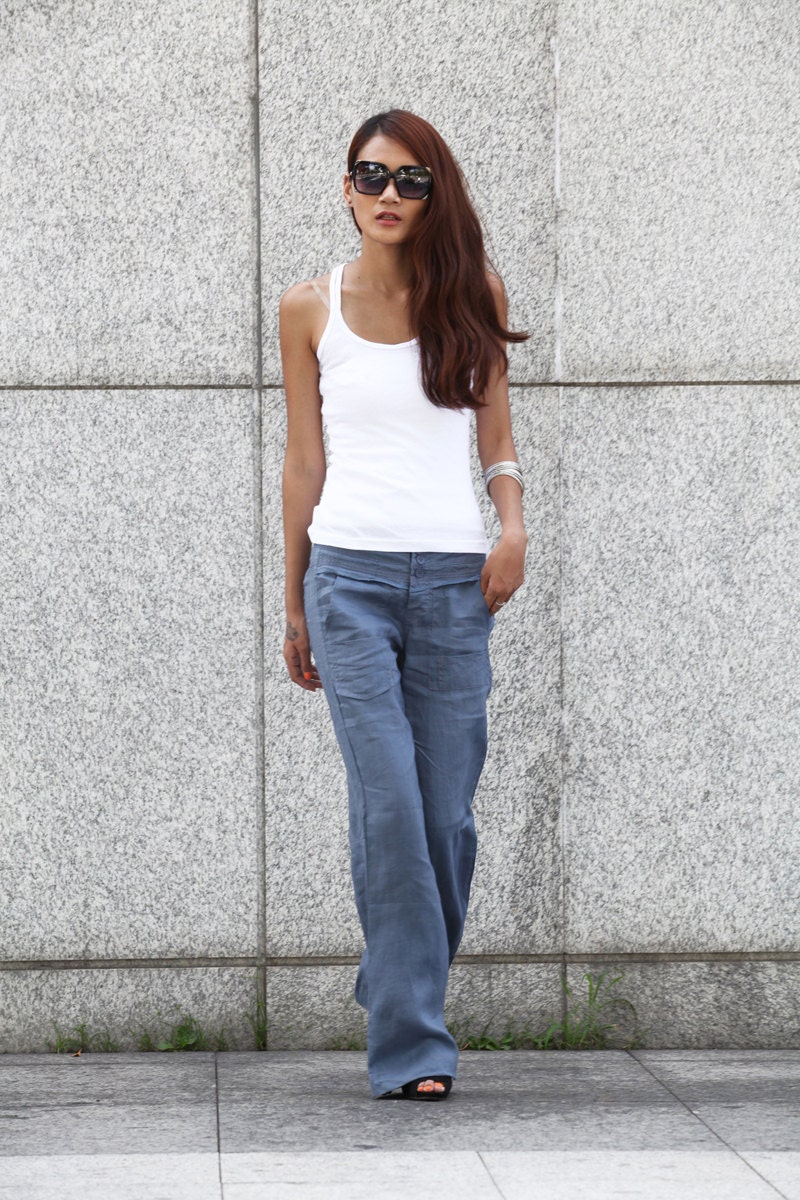 Elegance Casual Splicing Edging Straight Low-waist Pants in Grey Blue - NC400