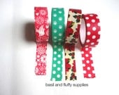 Holiday Washi Tape Four Rolls Set Green Red White Polka Dots Poinsetta Holiday Christmas Washi Paper Tape