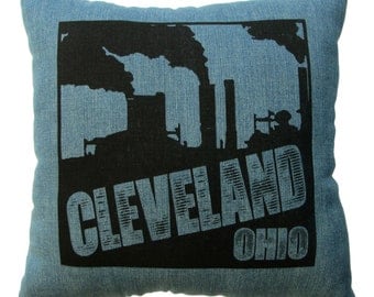 Cleveland Smokestacks Denim Throw Pillow - 14'' x 14'