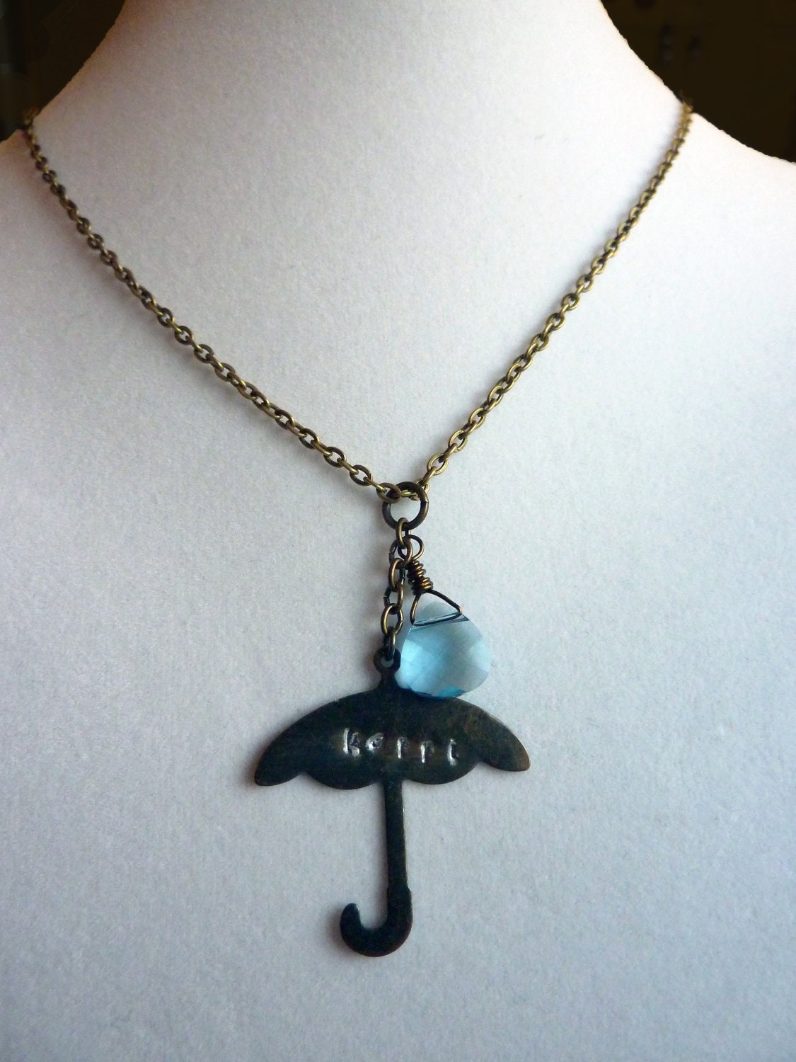 Singing in the Rain Personalized Umbrella Necklace - Hand Stamped Umbrella Name Necklace with Swarovski Crystal Raindrop