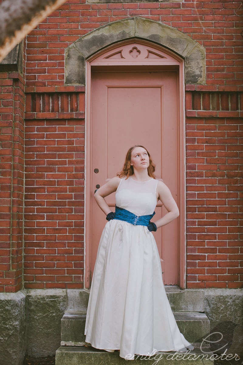 Ashley -  1950's Style Wedding Dress, Alternative Upcycled Vintage Ivory Satin Wedding Dress with Beaded Blue Brocade Sash