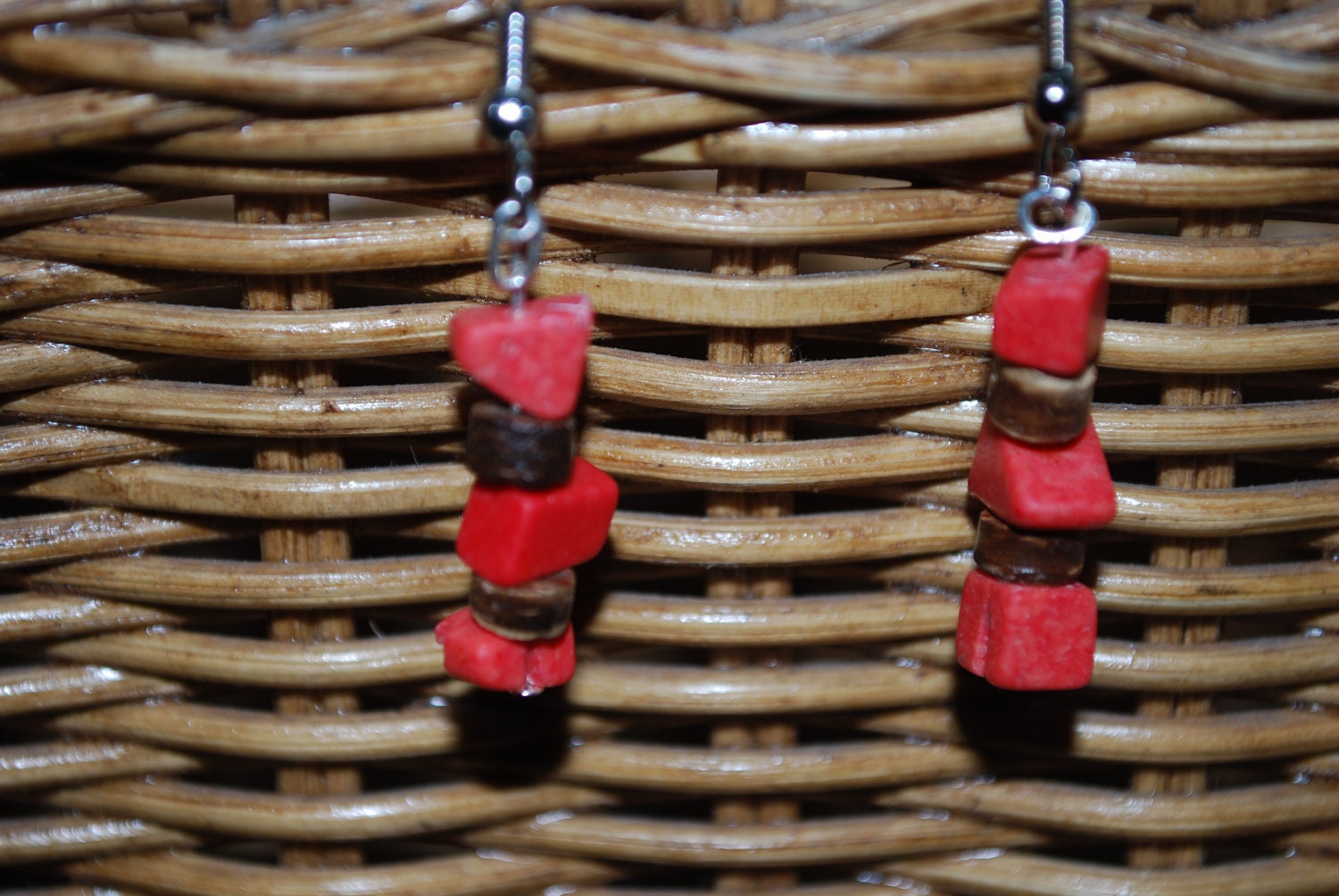 Wood and Coral Beaded dangle earrings, Earthy , Boho, ooak
