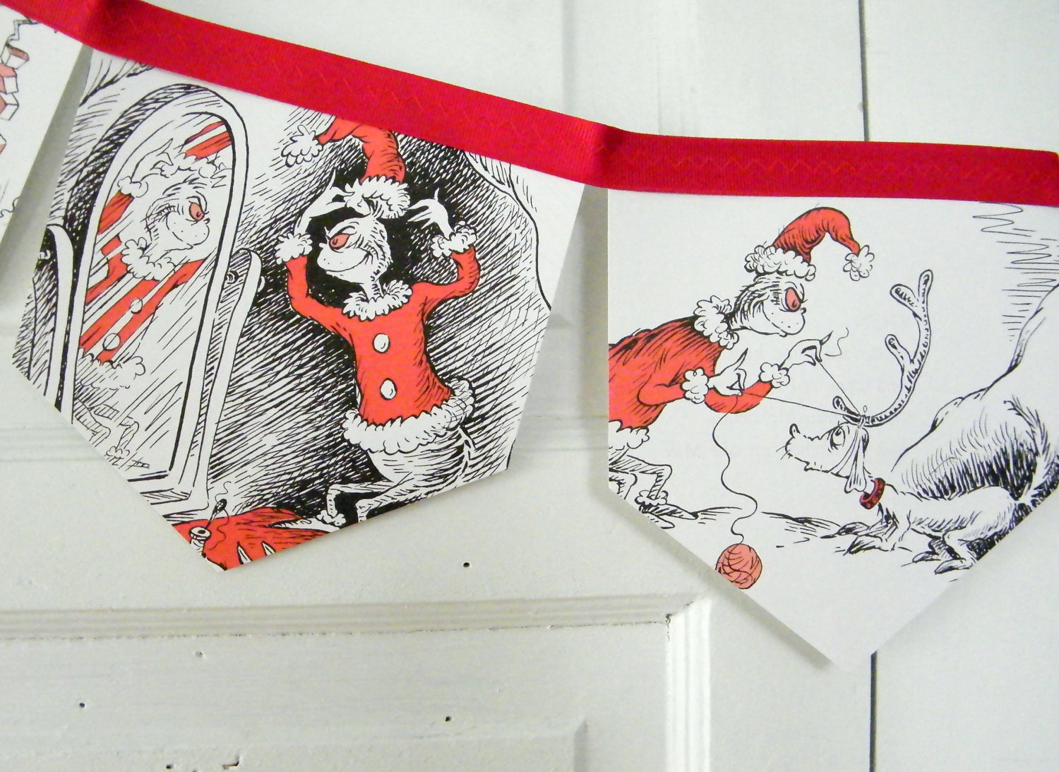 Dr Suess The Grinch Who Stole Christmas bunting / banner, children vintage story book repurposed, Christmas garland