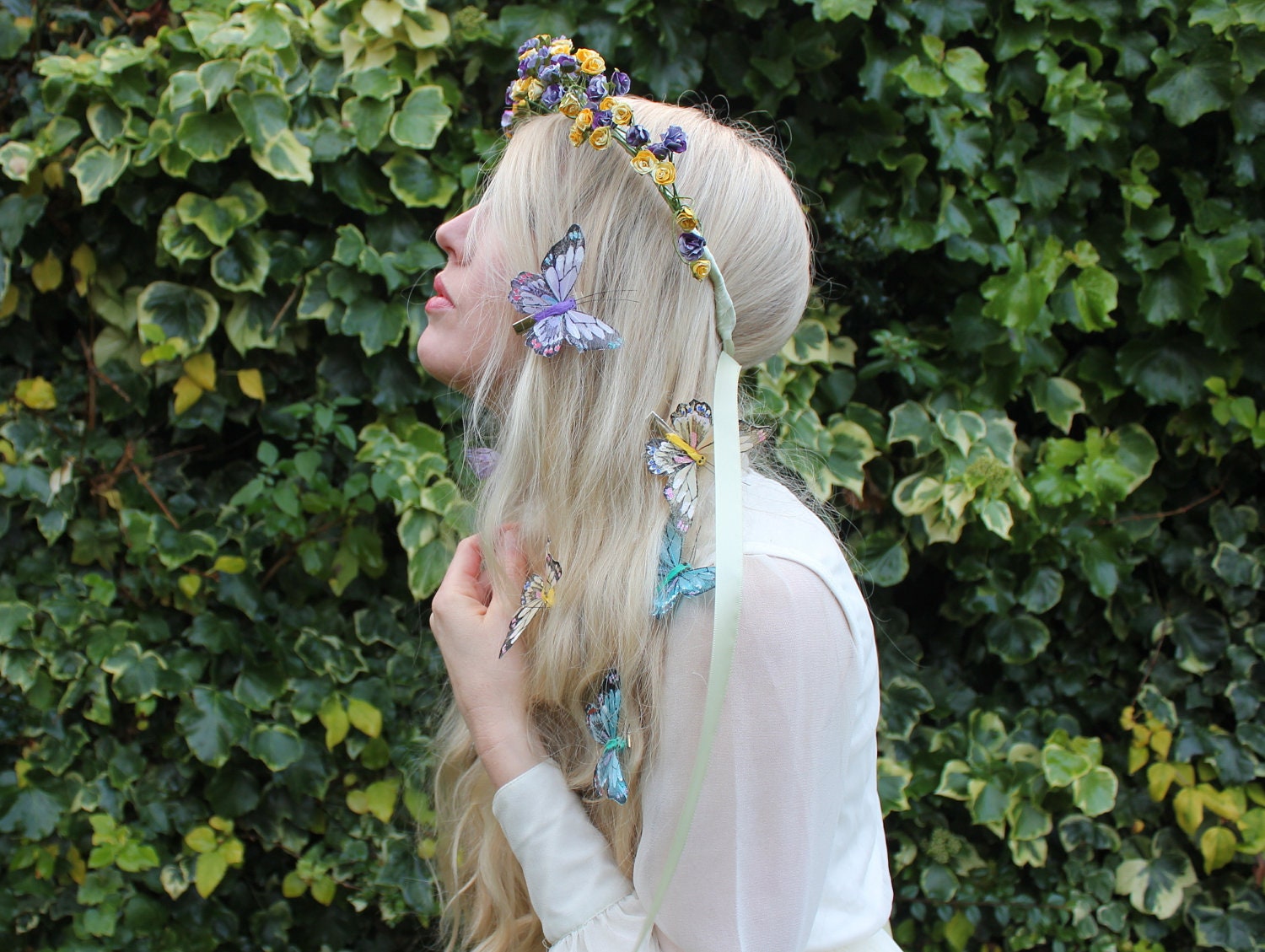 Purple and yellow spring flower crown