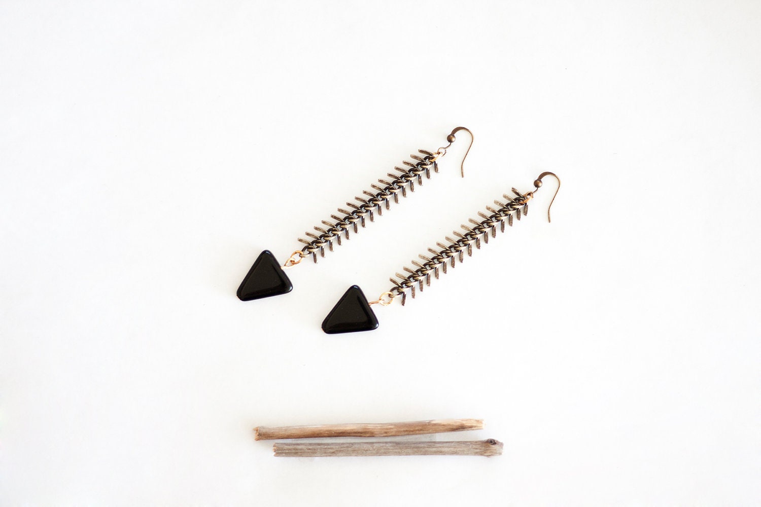 LAST PAIR geometric, tribal, antique brass fish bone chain & black glass triangles, long earrings