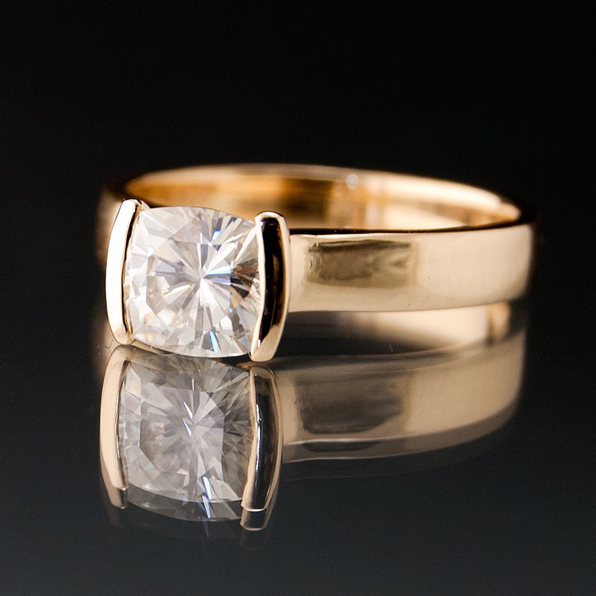 Modified Tension Set Cushion Cut Moissanite Solitaire Engagement Ring in 14K Gold - Alternative Engagement Ring