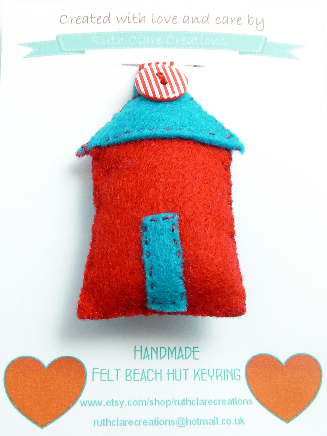 BEACH HUT Felt KEYRING, Red & blue, Hand-Sewn, and stuffed