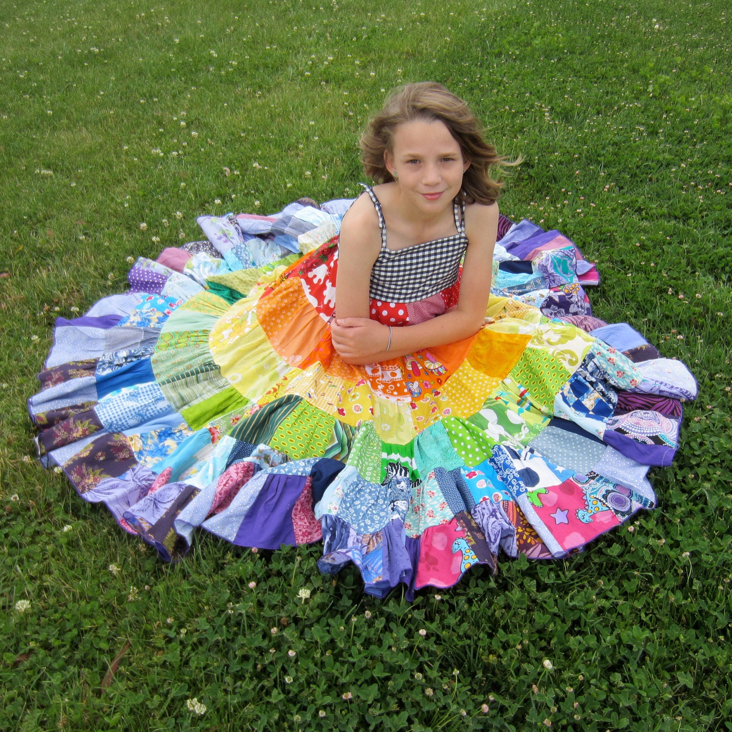 Rainbow dress patchwork twirly twirler bright eco girls children sundress custom upcycled size 4 - 10 made to measure CUSTOM ORDER