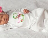 Baby Girl Onesie or Gown and Rosette Hair Bow with Rhinestone - Lime Green and Hot Pink Initial Applique - Newborn thru 12 months