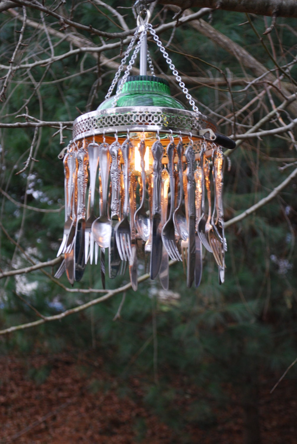 Vintage Recycled Re-Purposed Silverware Chandelier Pendant Lamp Light