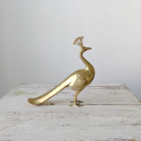 Large Brass Peacock Figurine Hollywood Regency by bergenhouse