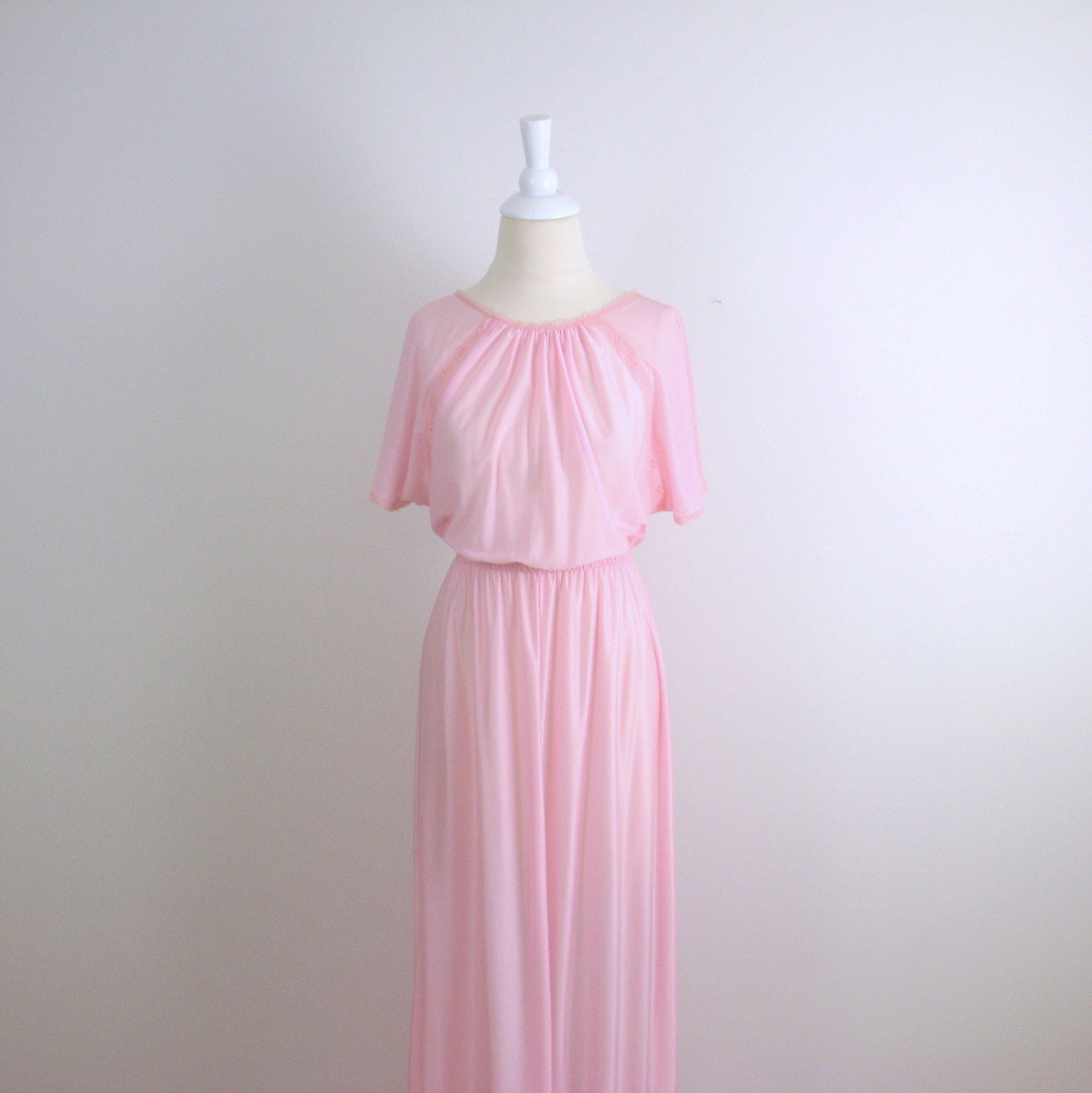 Vintage 1970s Maxi Nightgown in Pink with Butterfly Sleeves - Small Medium