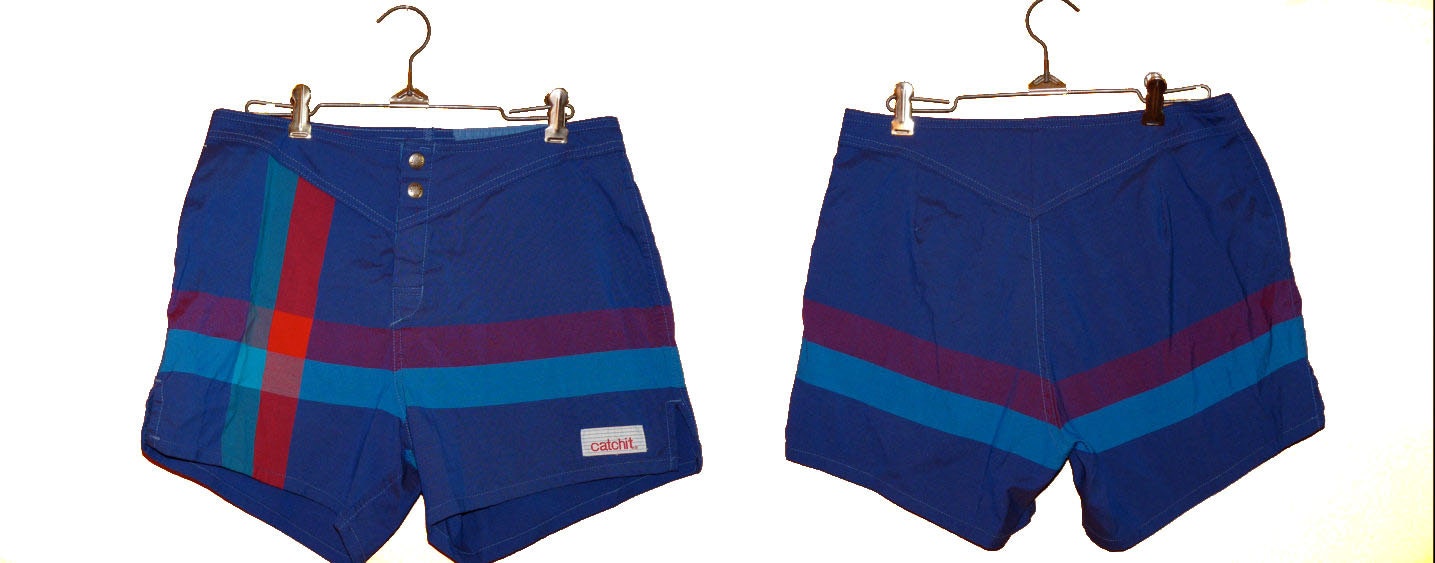 1980s Catchit Unisex Board Shorts / Cobalt Plaid Swim Trunks Small / Medium