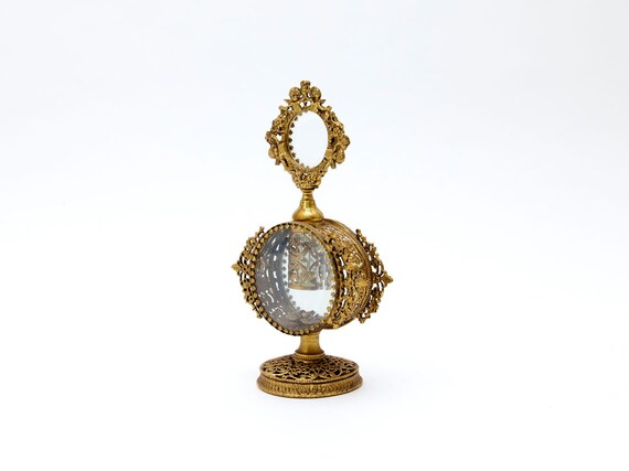 Vintage Perfume Bottle with Dauber, Gold Filigree, Cherub & Floral Design, Beveled Glass