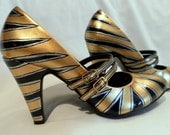 Hand Painted Gold Deco Sunburst  Double Mary Jane Heel Shoes Size 7