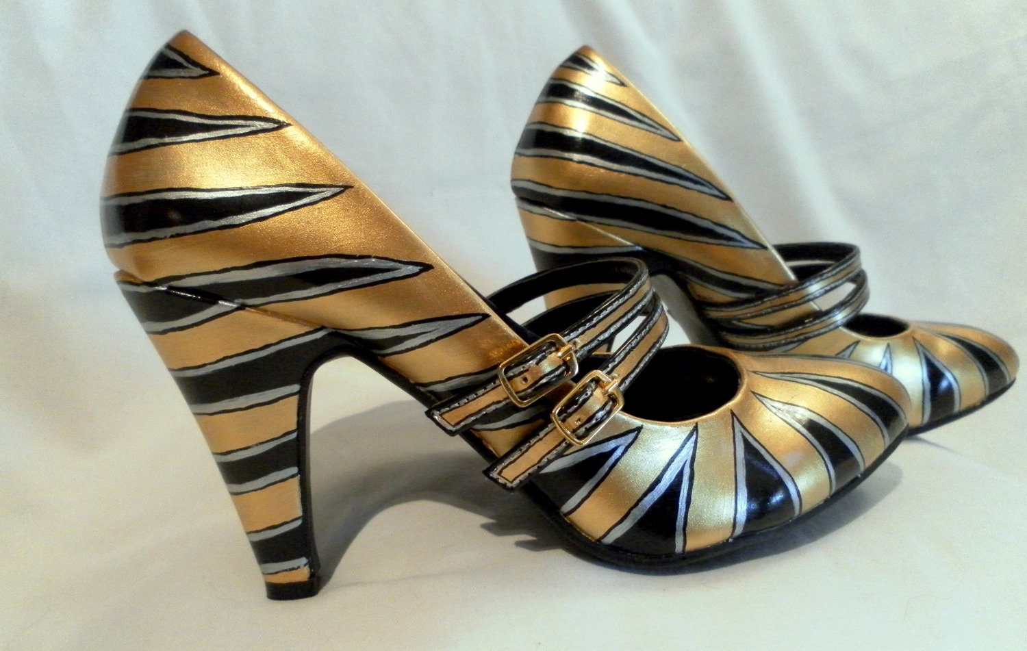 Hand Painted Gold Deco Sunburst Double Mary Jane Heel Shoes Size 7