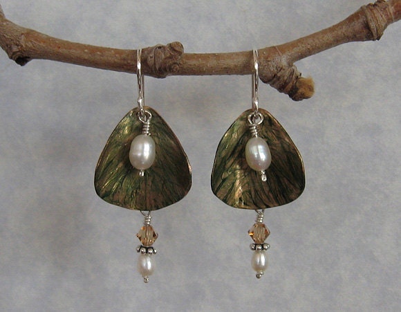 Leaf earrings in etched copper with pearls and topaz crystals - hand painted nature jewelry - sterling silver and copper botanical earrings