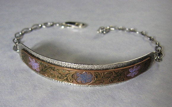 Etched copper flower bracelet in sterling silver, hand painted blue and lilac flowers, adjustable Victorian style nature bracelet jewelry