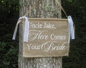 Burlap Here Comes The Bride Banner Rustic Wedding Sign Personalized Burlap