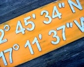 Wedding Gift - Latitude Longitude - Orange and Grey - Latitude Longitude Sign - Rustic Sign - Custom Sign - Orange Sign