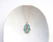 Turquoise Beaded Hamsa Hand Necklace. 14K Gold Filled Chain. Lucky Charm. Gift for Her