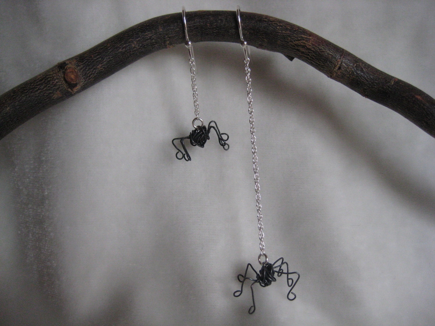 Asymmetrical Earrings - Halloween Spiders - Dangle Chain Earrings - Oxidized Wire Wrapped Sterling Silver  - Modern Jewelry by Jyoti McCall