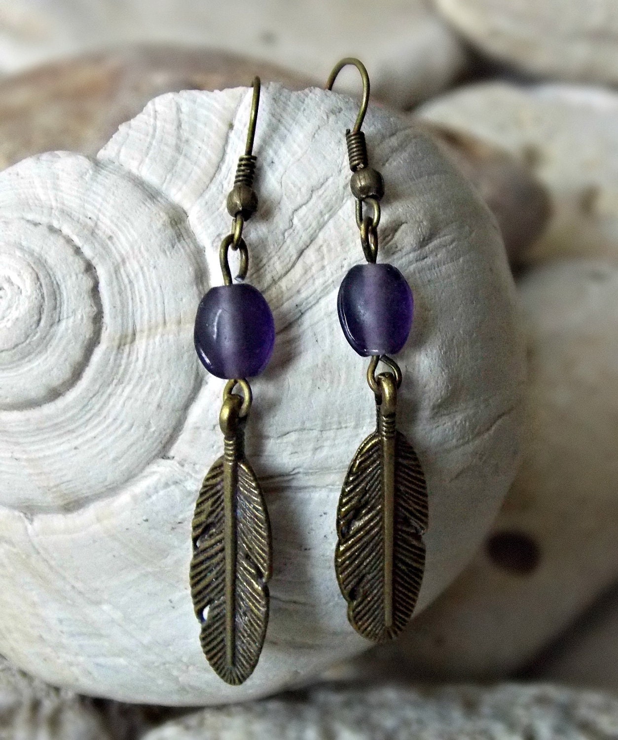 Bronze & Purple Feather Earrings - Under 10 - Jewelry