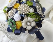 Brooch Bouquet,Bridal Bouquet, Wedding Bouquet, Navy, Green, and Yellow Bouquet, Bridal Brooch Bouquet, Brooch Bouquet, READY TO SHIP