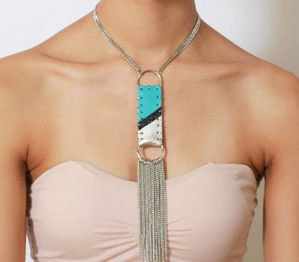 Kitami Necklace - Long High Fashion Silver-Tone Turquoise Blue, Silver and Black Leather Chain Fringe Statement Y-Necklace