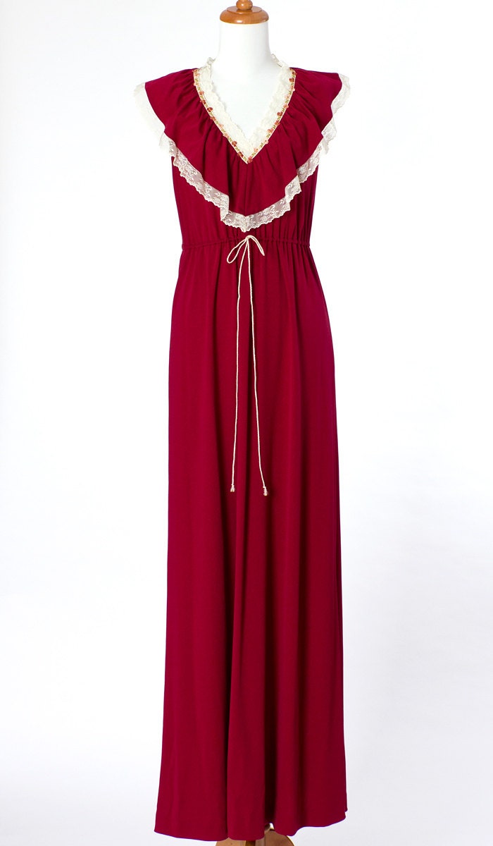70s Vintage Maxi Dress Red Romantic Formal Gown Medium