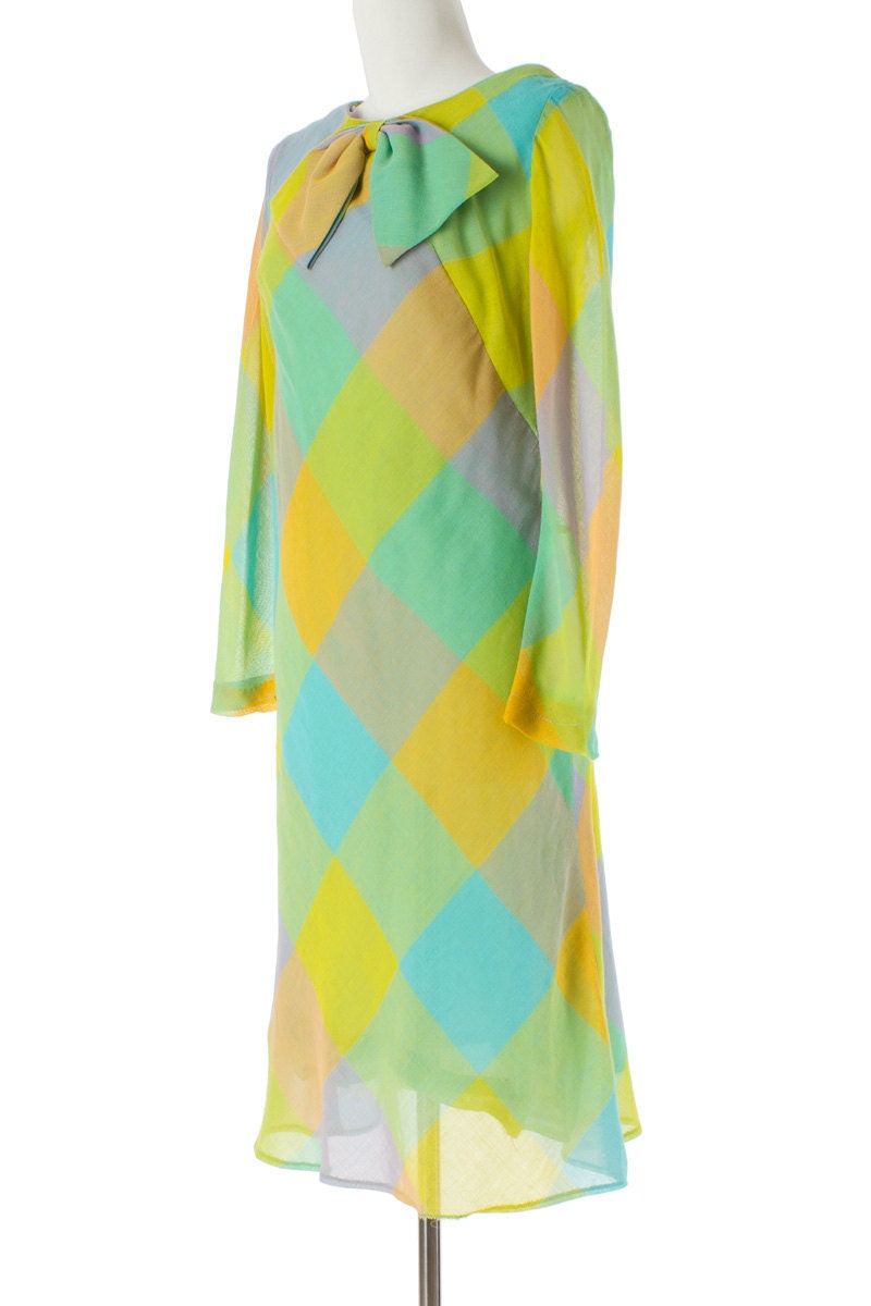 Pastel Vintage Dress Bow 60s Mod Diamond Pattern Plaid Small Medium