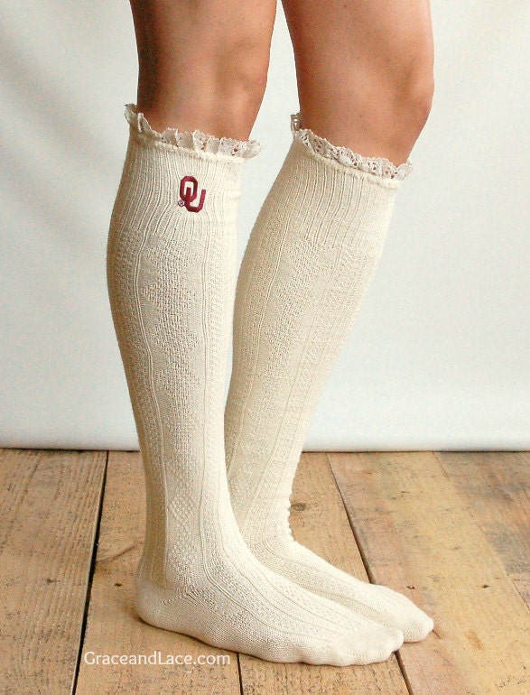 Lacey Fan OU Boot Socks cable knit boot sock with lace and school logo - Collegiate boot socks (Item no.12-10)