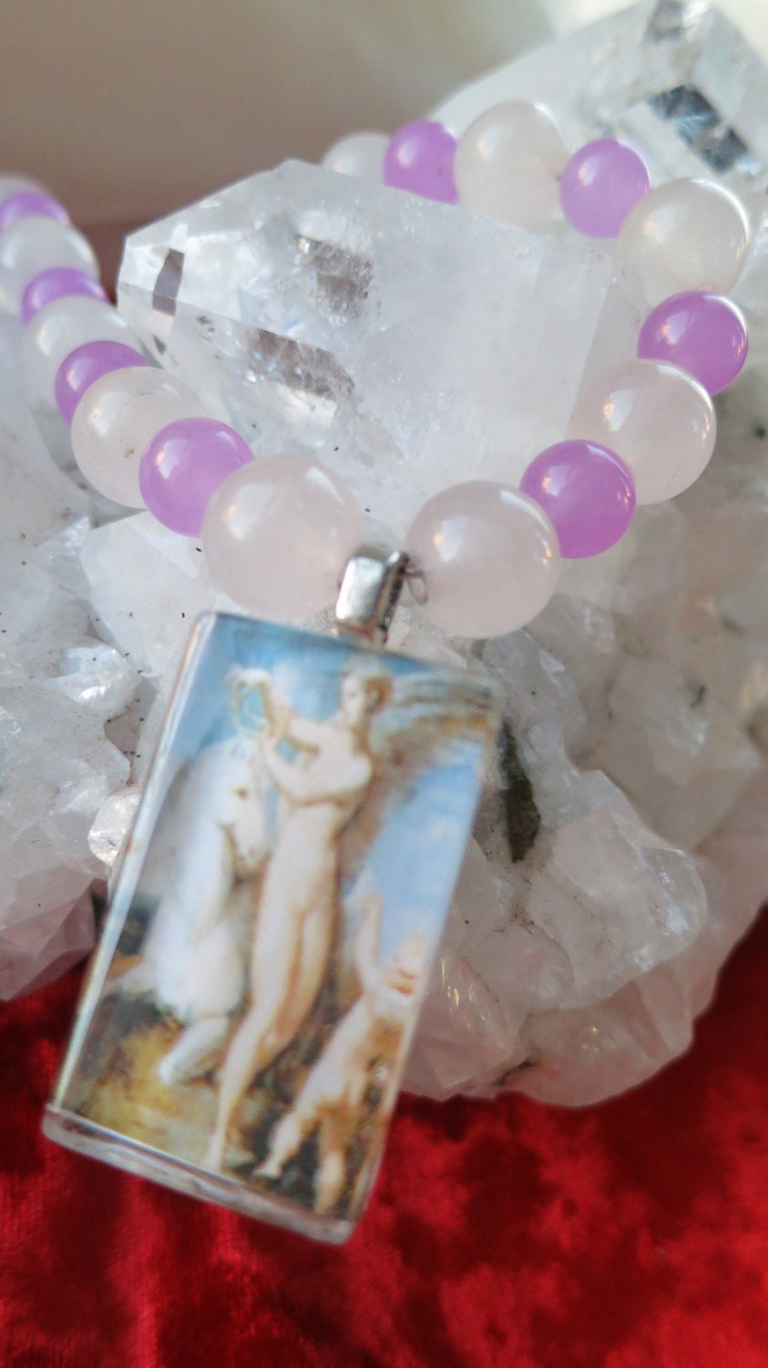 Goddess Philyra Rosary Necklace with rose quartz and lavender quartz