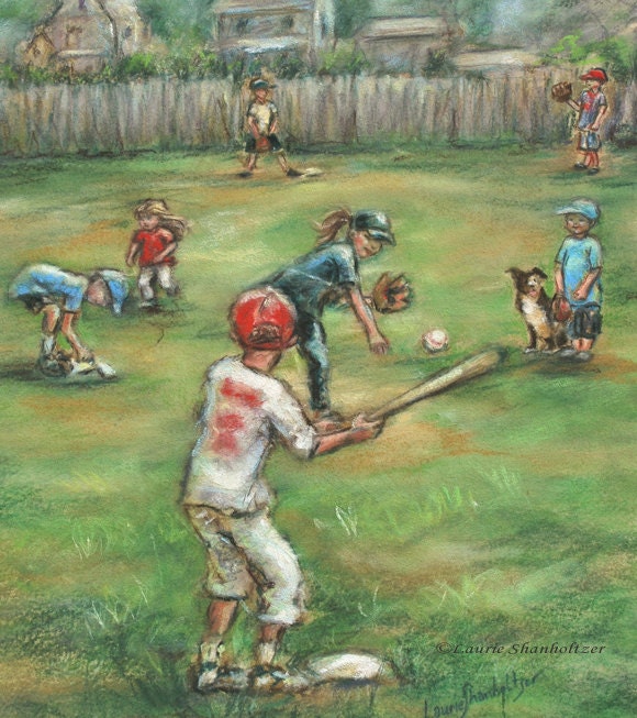 Baseball, sports art, Kids, children, Playing, Reproduction Print, 8x10