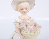 Vintage Irice Perfume Burner Night Light Table Lamp Ivory Victorian Lady with Applied Flowers Porcelain