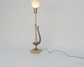 Mid Century Brass Wood Table Lamp Torchiere Glass Shade
