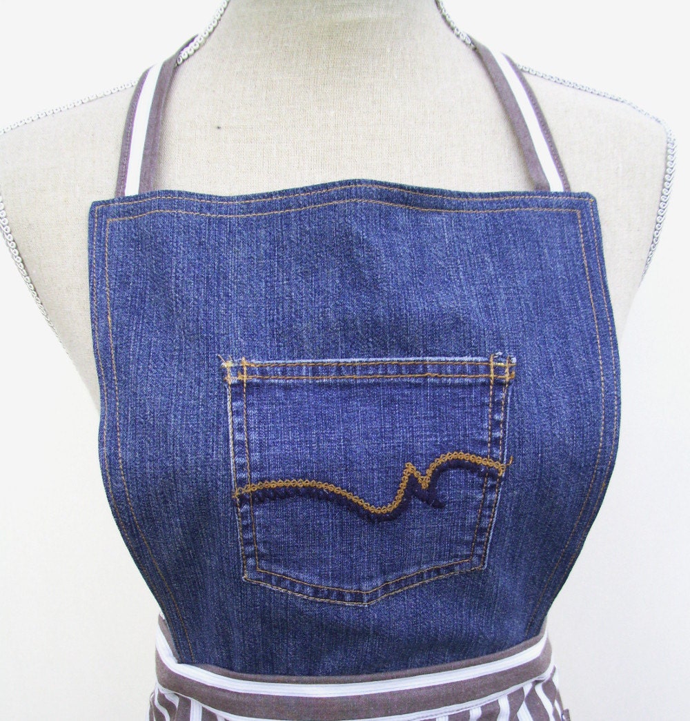 Upcycled Womens' Kitchen Apron Made with Denim Blue Jeans & Man's Striped Dress Shirt