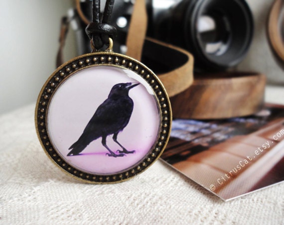 Black Raven necklace, bird necklace, pink necklace, woodland jewellery, bird jewelry, gothic jewelry,