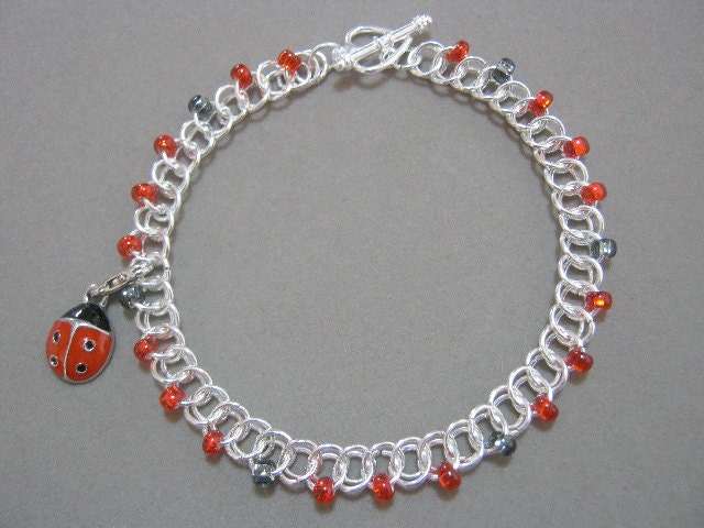 Lady Bug Charm Bracelet Chainmaille with Czech Glass Beads